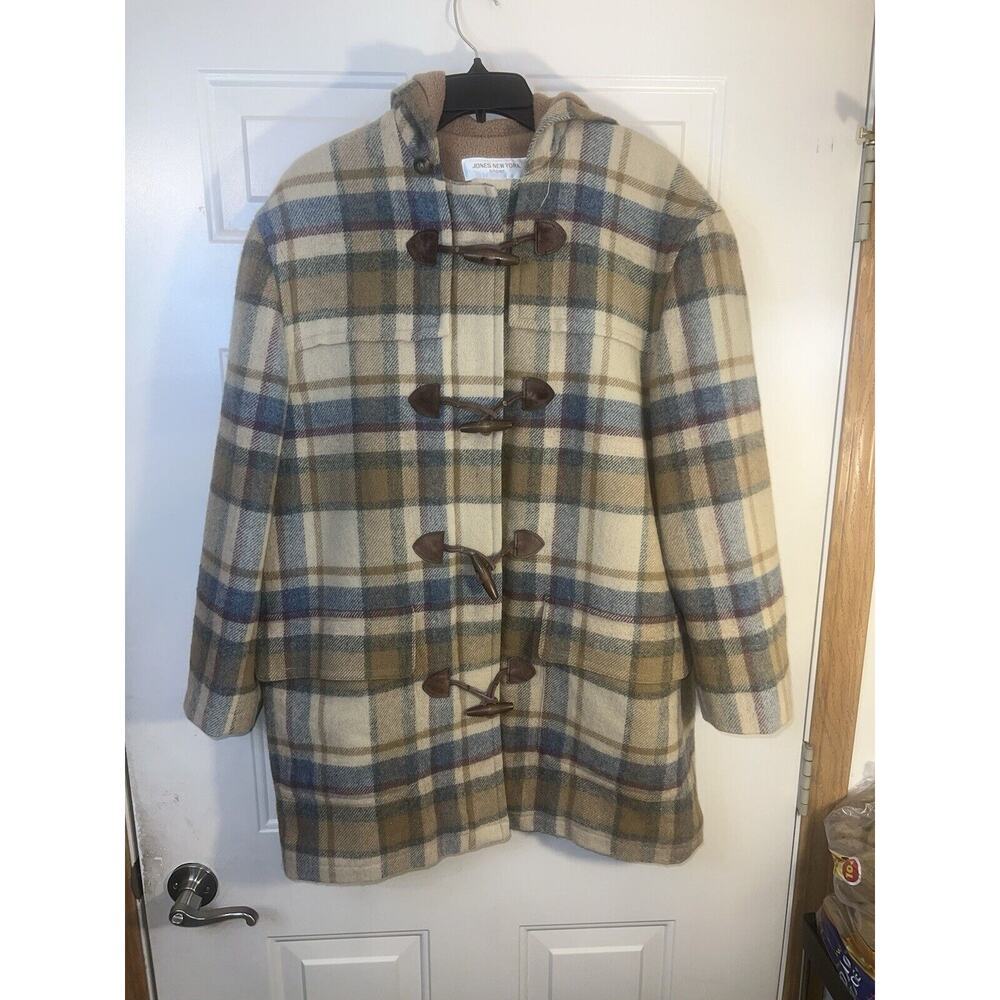 Vintage Jones New York Plaid Wool Car Coat Fleece Lined Womens Medium Jacket Tan